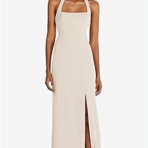Dessy Group Tie Halter Open Back Trumpet Gown in Oat